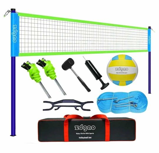New Volleyball Net Outdoor - Portable Volleyball Set for Backyard with Professional Volleyball Net, Wrap Yarn Volleyball and Pump, Boundary Line, Carr
