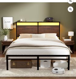 GUNAITO Queen Bed Frame with Headboard Metal Platform Bed with LED Lights and Charging Station, Rustic Brown