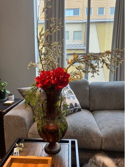Large Decorative Copper Floor Vase w/ Faux Floral Arrangement