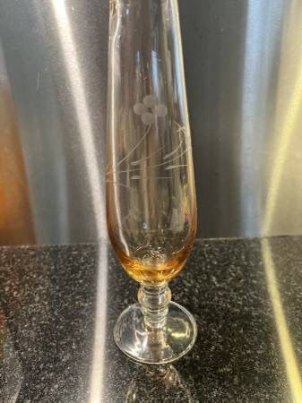 Vintage Peachy Amber Etched Flowers Crystal Bud Vase