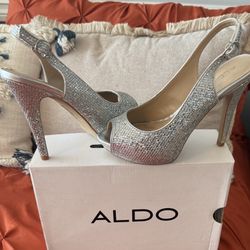 Aldo Silver Open Toe Sling Back Heels 