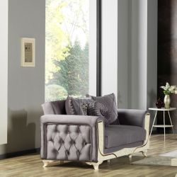 Elegant Grey Loveseat with Intricate Carved Details and Hidden Storage – Plush Velvet Upholstery