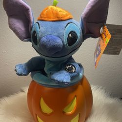 Disney Animated Plush Up/Down Stitch Halloween Plush Pumpkin w/music -