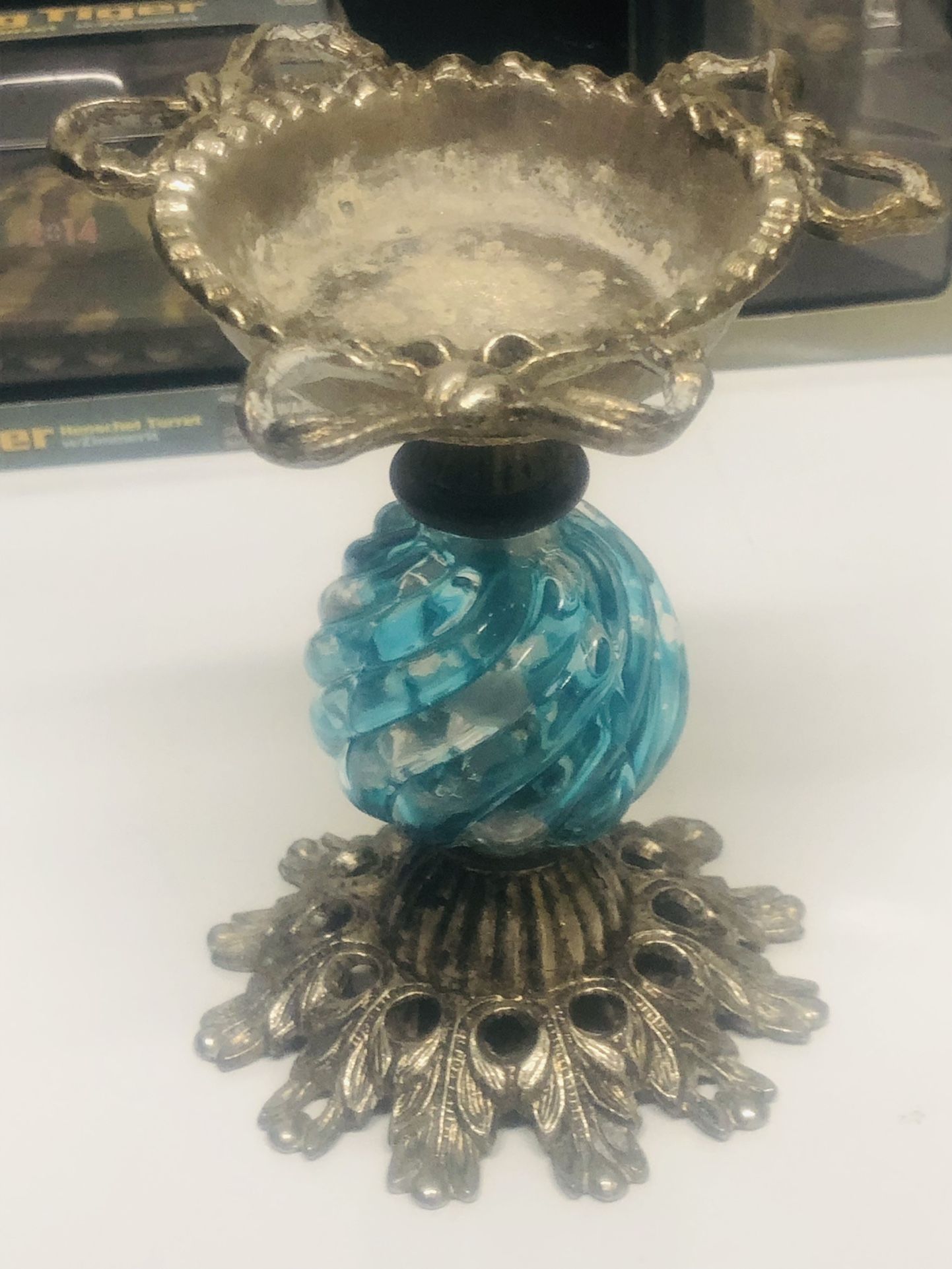 Antique Victorian Gilt Metal Swirling Blue Crystal Glass Personal Jewelry  Holder Beautiful And Rare 
