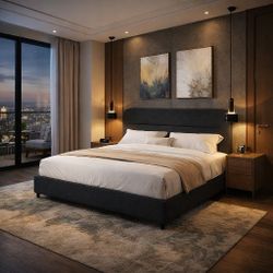 Queen Bed Frame, Velvet Upholstered Platform Bed with Vertical Channel Tufted Headboard, Mattress Foundation with Strong Wooden Slats, Box Spring Opti