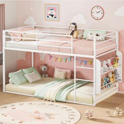 Metal Low Bunk Bed Twin Over Twin for Kid with 2-Tier Wooden Bookshelf
Twin Bunk Bed with Full Guardrails and Ladder No Box Spring Needed for Bedroom