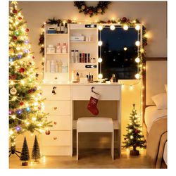 New in box Small Vanity Desk with Mirror and Lights, Vanity Table with 6 Drawers & Storage, Storage Stool, 3 Colors Lighting Adjustable Brightness, Wh