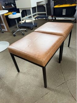Modern Brown Leather Foot Stools/Ottomans with Black Metal Legs