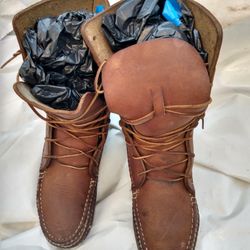 authentic handmade leather moccasins, calf-high very thick leather and super tough stitching, size 10