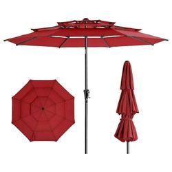 9FT 3-Tiers Outdoor Patio Umbrella with 5-Year Fade Resistant,Vented Outdoor Umbrella with UPF50+ UV Protection & Push Button Tilt and Crank for Pool,