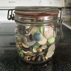 Lot of Assorted Buttons in Vintage Wire Bail Rubber Seal Canning Mason Jar
