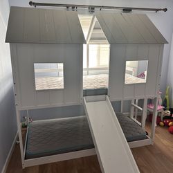 Twin Over Twin Size Bunk Bed With Roof And Slide