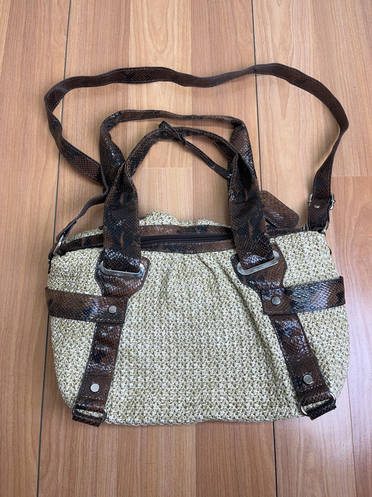 Mondani Straw & Faux Snakeskin Patent Leather Summer Hobo Tote Bag