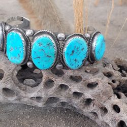 Old Pawn  Native  American  Turquoise  Silver  Cuff  Bracelet 