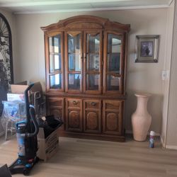 Vintage Wood China Cabinet / Hutch With Glass Display And Storage 