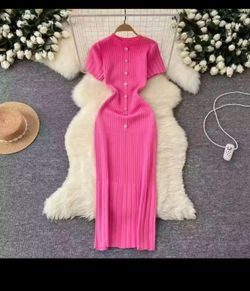 Vibrant Pink Ribbed Knit Sweater Dress - Pearl Button Midi Dress