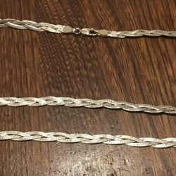 Sterling three strand braided chain (16 inches) and matching bracelet (7 inches) marked made in Italy
