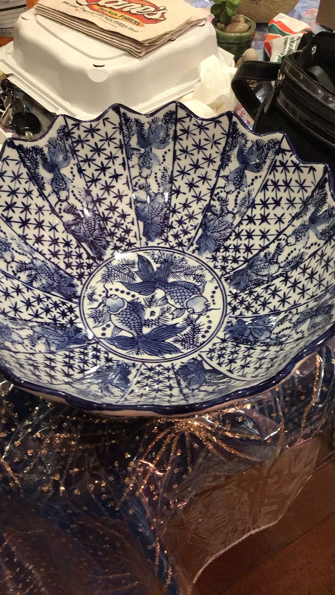 Vintage Blue Koi Porcelain Bowl