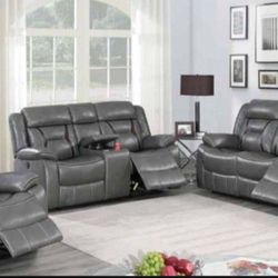 Brand New Grey Leather Gel 3pc Reclining Sofa Set