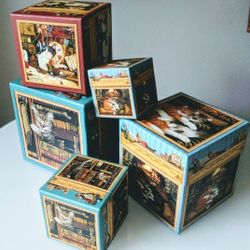 Charles Wysocki cats art lidded decorative boxes, display nesting storage boxes, set of 5. Hard Cardboard Storage Organizer Boxes.