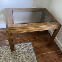 Drexel Accolade Collection II Campaign Style Wood End Tables w Glass Tops Insert