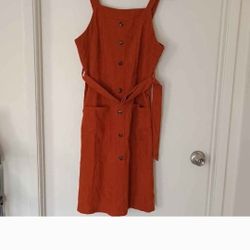 Orange Brown Rust Corduroy Overall Button Tie Dress Size Small 
