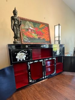 Vintage Chinese Black Lacquer Mother of Pearl Inlay Sideboard