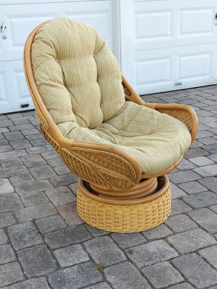 Vintage Unique and Rare Rattan and Wicker Egg Swivel Rocker Chair With Stacked Rattan Base Surrounded by A Circle of Woven Wicker Original Upholstery