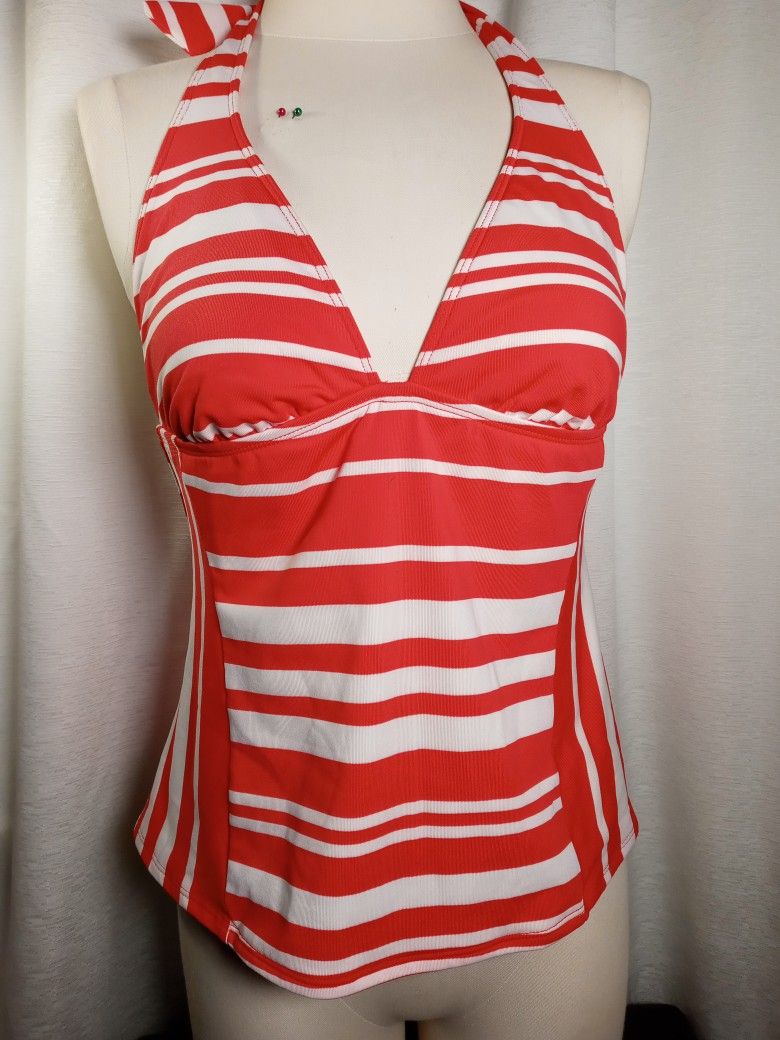 Large Kenneth Cole Reaction Womens Tankini Swim Top Red Striped Back Halter