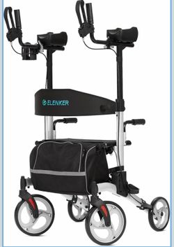 ELENKER Upright Walker, Stand Up Folding Rollator Walker with 10” Front Wheels Backrest Seat and Padded Armrests for Seniors and Adults