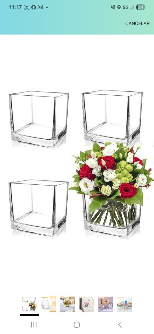 Set of 4 Square Glass Vases 5x5x5 Inch, Clear Cube Flower Vases for Wedding Centerpieces, Candle Holders for Home Party Decoration,