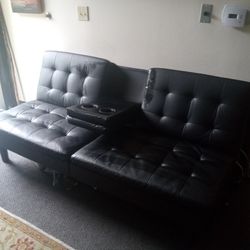Black Futon Sofa Bed With Fold Down Cup Holder/Arm Rest