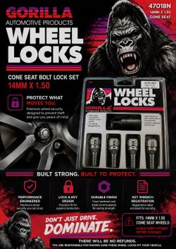 GORILLA 47018N Automotive Cone Seat Bolt Lock Set 14mm x 1.50 Wheel Lock