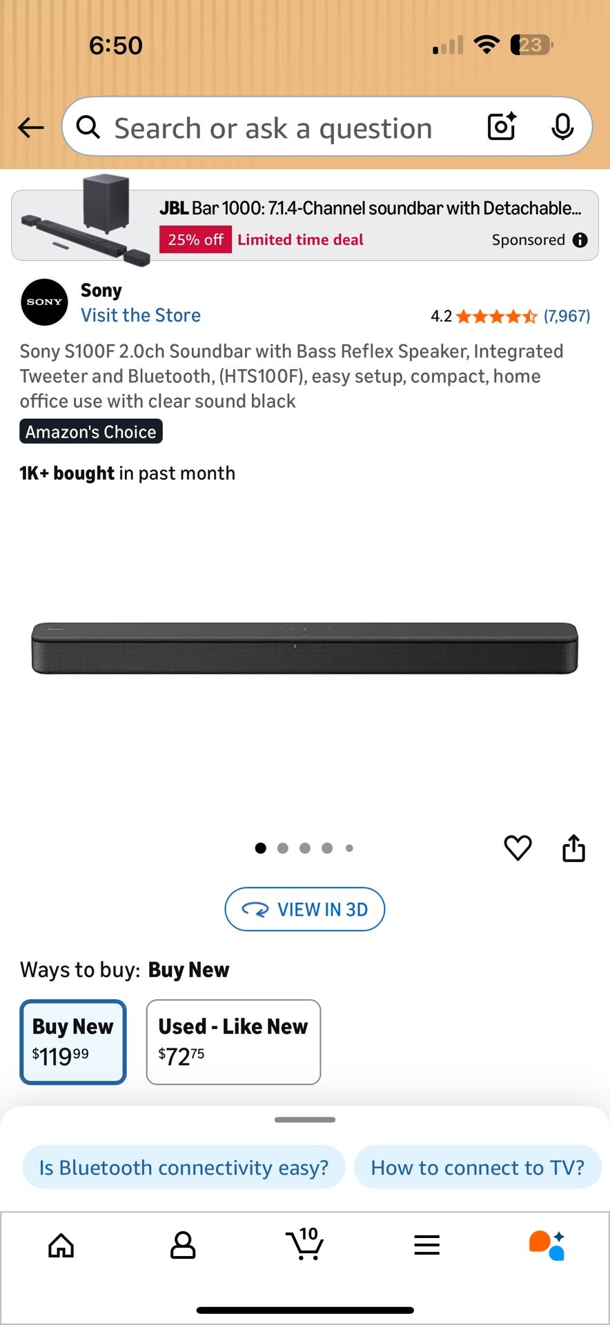 Sony S100F 2.0ch Soundbar with Bass Reflex Speaker, Integrated Tweeter and Bluetooth, (HTS100F), easy setup, compact, home office use with clear sound