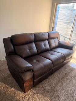 Brown Leather 3-Seater Sofa – Good Condition