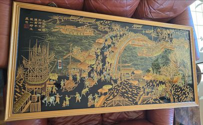 Traditional Chinese Black Lacquer Wood Panel Art