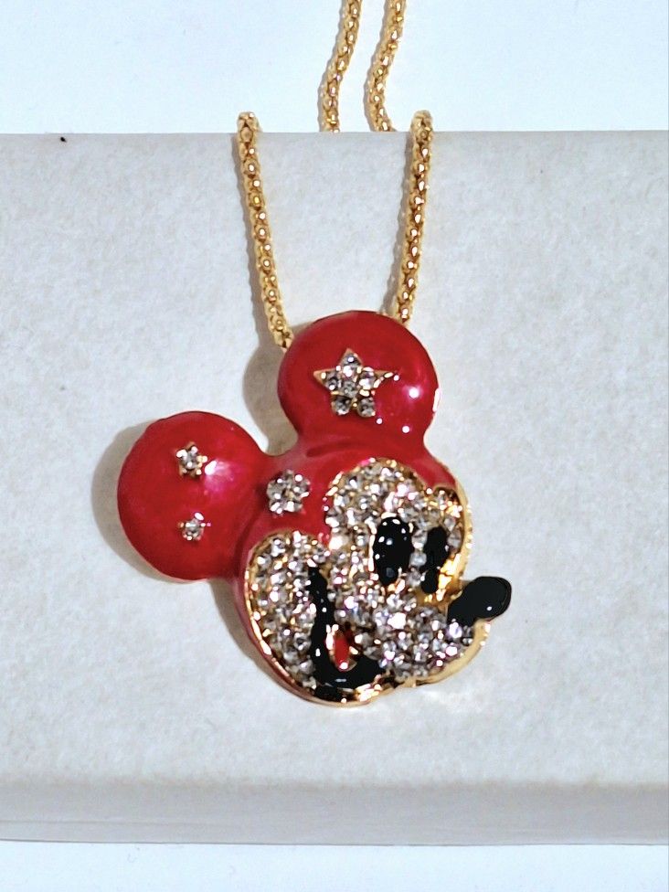 "Mickey Mouse red ears pendant necklace, red & black enamel, silver rhinestones