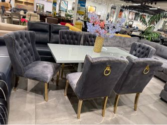 7pc Dining Set ✨ Grey velvet chair ✨ Gold Accents