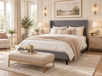 Queen bed Velvet Bed Frame, Tufted Wingback Headboard, Grey
47'' Modern Vertical Channel Headboard, Upholstered Platform Bed, Wood Slats, No Box Sprin