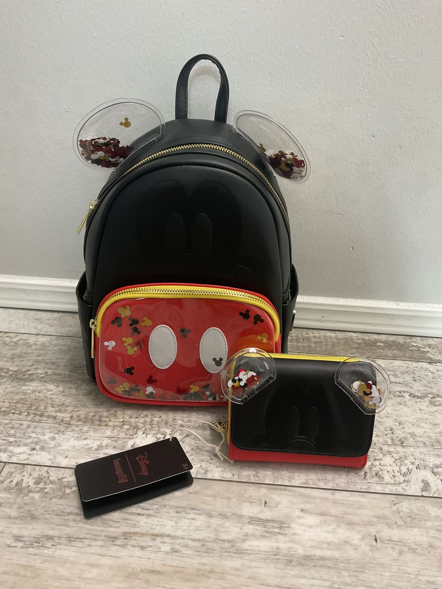 NWT Loungefky Mickey Confetti Ears Backpack And Wallet