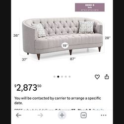 Upholstered Sofa with Sloped Arm in Grey Couch Loveseat Lounge tufted 7 feet long