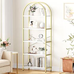 70.87" Arched 5-Tier Bookshelf – Gold Metal Frame & White Marble-Look Shelves, New in Box
