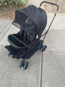 upright double lightweight travel stroller, with standing platform，Canopy，Tray Table