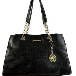 Anne Klein Black Croc Embossed Tote Bag with Gold Chain Straps – Large Work Purse