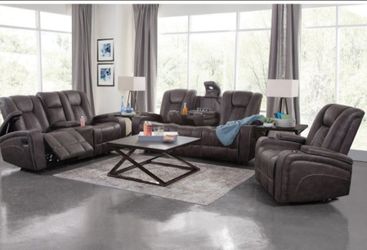 Brown leather reclyner couch set