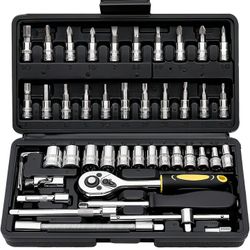 46-Piece Socket Wrench Set, Premium 1/4 inch Metric Socket Set, Ratchet Set with Quick-Release Ratchet and Extension Bar, Compact Storage Case - Perfe