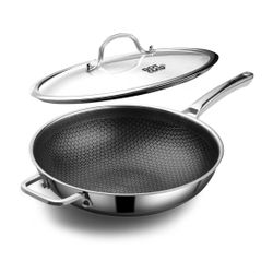 DOTCLAD Wok pan,Hybrid 13 inch Wok with Lid, PFOA Free Cookware, non stick Stainless Steel Woks & Stir-fry pans Nonstick, Dishwasher and Oven Safe, Wo