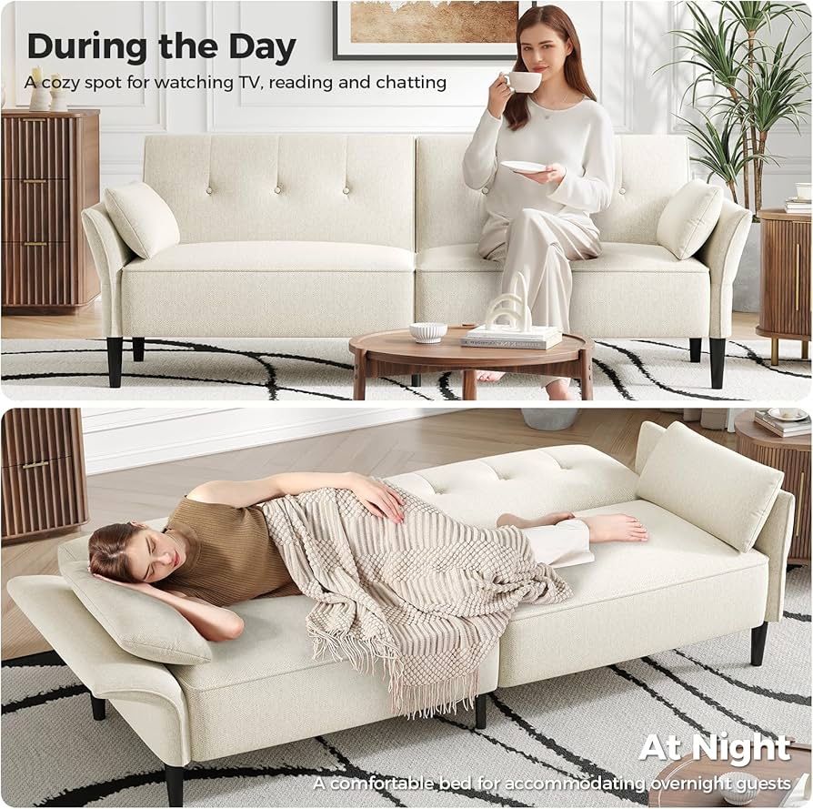 89” Futon Sofa Bed, Linen Comfy Futon Couch Bed with 2 Square Pillows, Convertible Sleeper Sofa with Adjustable Backrest& Armrests, Modern