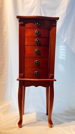 Wooden Standing Jewelry Armoire – 5 Drawers + Side Doors (Used)