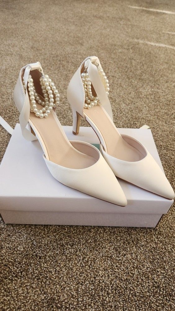Kailee P. Ivory Trinity Pearl Ankle Strap Heels